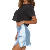imageALCEA ROSEA Womens Satin Silky Lace Trim Split Mini Skirt Slit Hem High Waist ALine Short Skirt Solid Slit Skirts for WomenSky Blue