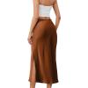 imageALCEA ROSEA Womens Silky Satin Long Skirt High Waist Elastic Waist A Line Flared Skirt with Slit 7819Khaki L7819brown