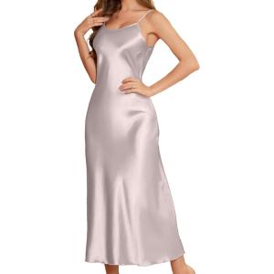 imageALCEA ROSEA Womens Long Satin Slip Dress Nightgowns Sexy Lingerie Adjustable Strap Midi Dress Silky Gown V Neck Under DressOatmeal
