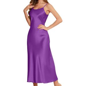 imageALCEA ROSEA Womens Long Satin Slip Dress Nightgowns Sexy Lingerie Adjustable Strap Midi Dress Silky Gown V Neck Under DressViolet