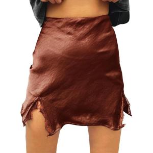 imageALCEA ROSEA Womens Satin Silky Lace Trim Split Mini Skirt Slit Hem High Waist ALine Short Skirt Solid Slit Skirts for WomenBrown