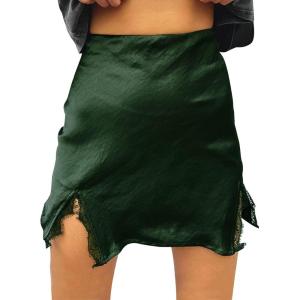 imageALCEA ROSEA Womens Satin Silky Lace Trim Split Mini Skirt Slit Hem High Waist ALine Short Skirt Solid Slit Skirts for WomenDark Green