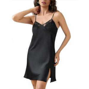 imageALCEA ROSEA Womens Satin Slip Dress Chemise Nightdress Sexy Sleepwear Silky Negligee 3705Black
