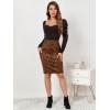 imageALCEA ROSEA Womens Pencil Midi Skirt Faux Suede Leopard Print High Waisted Zipper Bodycon SkirtKhaki