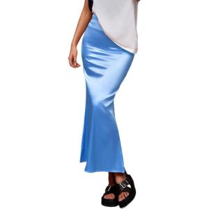 imageALCEA ROSEA Womens Silky Satin Maxi Skirt Elegant High Waisted Long Pencil Ladies Skirts for Office Work Party 7867Blue