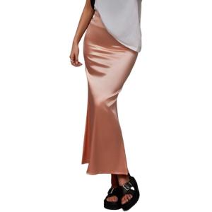 imageALCEA ROSEA Womens Silky Satin Maxi Skirt Elegant High Waisted Long Pencil Ladies Skirts for Office Work Party 7867Pink