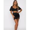 imageALCEA ROSEA Womens Satin Skirts Split Side Slit Ruched Hem Drawstring Wrap Ruffle High Waist Mini Skirt 7877Black