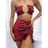 imageALCEA ROSEA Womens Satin Skirts Split Side Slit Ruched Hem Drawstring Wrap Ruffle High Waist Mini Skirt 7877Wine