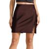 imageALCEA ROSEA Womens Satin Silky Mini Skirt Lace Trim Slit Hem High Waist Bodycon Mini Short Skirt 7878Brown