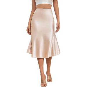 imageALCEA ROSEA Womens Satin High Waisted Silk Aline Wedding Elegant Elastic Midi SkirtMilk Tea