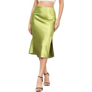 imageALCEA ROSEA Women High Waist Silky Satin Midi Skirt Elastic Waist A Line Skirt with Slit1951apple Green