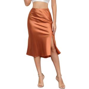 imageALCEA ROSEA Women High Waist Silky Satin Midi Skirt Elastic Waist A Line Skirt with Slit1951caramel