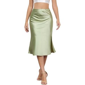 imageALCEA ROSEA Women High Waist Silky Satin Midi Skirt Elastic Waist A Line Skirt with Slit1951light Green