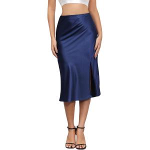 imageALCEA ROSEA Women High Waist Silky Satin Midi Skirt Elastic Waist A Line Skirt with Slit1951navy