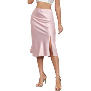 imageALCEA ROSEA Women High Waist Silky Satin Midi Skirt Elastic Waist A Line Skirt with Slit1951pink