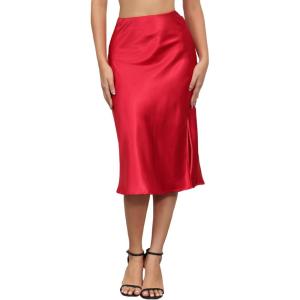 imageALCEA ROSEA Women High Waist Silky Satin Midi Skirt Elastic Waist A Line Skirt with Slit1951wine