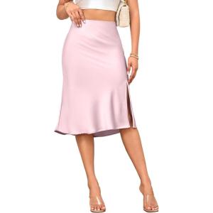 imageALCEA ROSEA Women High Waist Silky Satin Midi Skirt Elastic Waist A Line Skirt with SlitPink