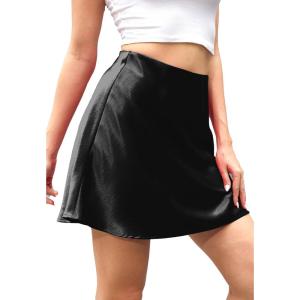 imageALCEA ROSEA Womens Elegant Silky Satin Mini Skirt High Waist Short Skirt Leopard Print Mini A Line Skirts for WomenBlack