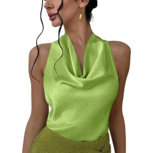 imageALCEA ROSEA Womens Silky Satin Camisole Halter Wrap Tie Back Cowl Neck Sleeveless Draped Backless Blouse Tank Top 1888Apple Green