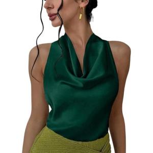 imageALCEA ROSEA Womens Silky Satin Camisole Halter Wrap Tie Back Cowl Neck Sleeveless Draped Backless Blouse Tank Top 1888Dark Green