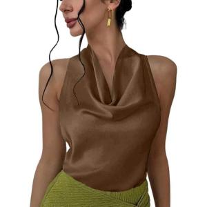 imageALCEA ROSEA Womens Silky Satin Camisole Halter Wrap Tie Back Cowl Neck Sleeveless Draped Backless Blouse Tank Top 1888Khaki
