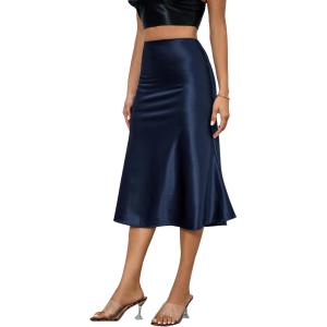 image:imageALCEA ROSEA Womens Satin High Waisted Silk Aline Wedding Elegant Elastic Midi Maxi SkirtNavy Blue
