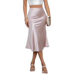 image:imageALCEA ROSEA Womens Satin High Waisted Silk Aline Wedding Elegant Elastic Midi Maxi SkirtRose Pink