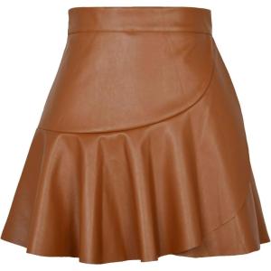 image:imageALCEA ROSEA Womens Leather Mini Skirt Ruffled Irregular Short Skirt High Waist Flared Mini Skater SkirtKhaki