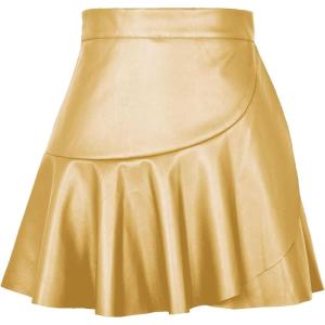 image:imageALCEA ROSEA Womens Leather Mini Skirt Ruffled Irregular Short Skirt High Waist Flared Mini Skater SkirtYellow Gold