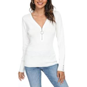 image:imageALCEA ROSEA Womens Sweater Sexy Fitted Zipper V Neck Knitwear Pullover SweaterWhite