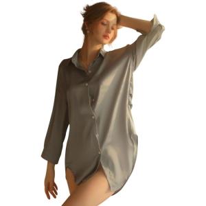 image:imageALCEA ROSEA Satin Nightgowns for Women Sleep Shirt Long Sleeve Silky Sleepwear Sleepshirt VNeck NightshirtsBlue
