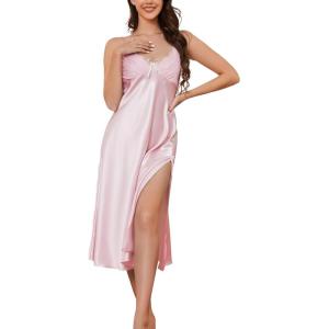 image:imageALCEA ROSEA Women Lingerie Sexy Silk Nightgown Lace Babydoll Satin Slip Teddy NightiePinkbow