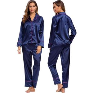 image:imageALCEA ROSEA Womens Silk Satin Pajamas Set 2 Piece Silky Pj Sets Sleepwear Loungewear Button Down Short Sleeve Bridesmaid PjsNavy Blue