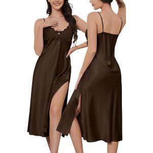 image:imageALCEA ROSEA Women Silk Satin Nightgown Sexy Lace Chemise Lingerie Long Sleepdress for Ladies Sleepwear Slip NegligeeDark Brownbow