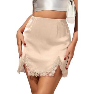 image:imageALCEA ROSEA Womens Satin Mini Lace Trim Split Skirt Split Hem High Waist ALine Short Bodycon Skirt 7806Beige