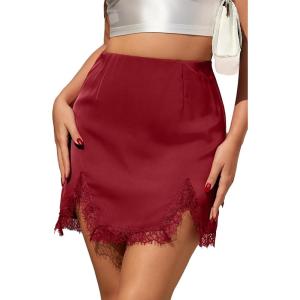 image:imageALCEA ROSEA Womens Satin Mini Lace Trim Split Skirt Split Hem High Waist ALine Short Bodycon Skirt 7806Burgundy