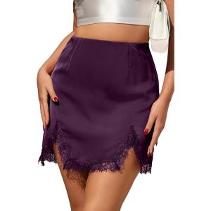 image:imageALCEA ROSEA Womens Satin Mini Lace Trim Split Skirt Split Hem High Waist ALine Short Bodycon Skirt 7806Plum