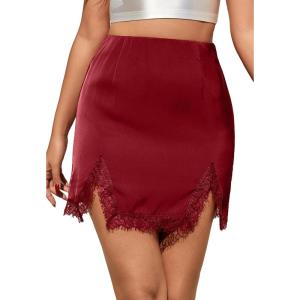 image:imageALCEA ROSEA Womens Satin Mini Lace Trim Split Skirt Split Hem High Waist ALine Short Bodycon Skirt 7806Wine