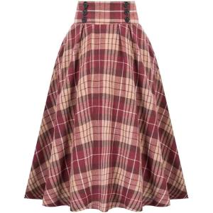image:imageALCEA ROSEA Womens Midi Plaid Skirt High Elastic Waist Aline Vintage Pleated Long Skirts 7899Plaid Apricot