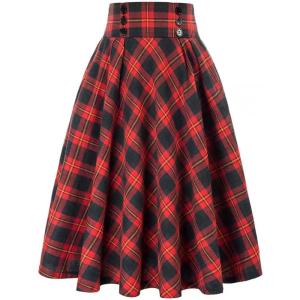 image:imageALCEA ROSEA Womens Midi Plaid Skirt High Elastic Waist Aline Vintage Pleated Long Skirts 7899Plaid Red