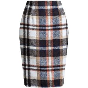 image:imageALCEA ROSEA Womens Midi Plaid Skirt Vintage Pencil Wool Skirt with Slit 7898Dark Brown