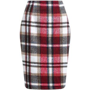 image:imageALCEA ROSEA Womens Midi Plaid Skirt Vintage Pencil Wool Skirt with Slit 7898Wine
