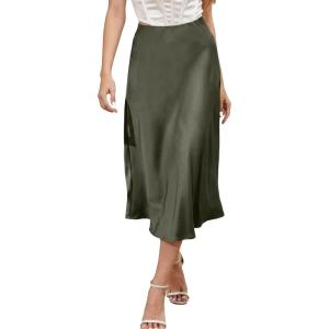 image:imageALCEA ROSEA Womens Satin High Waisted Silk Aline Wedding Elegant Elastic Midi Maxi Skirt7307army Green